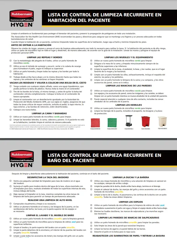 Lista de control de limpieza en hospitales para habitaciones de pacientes