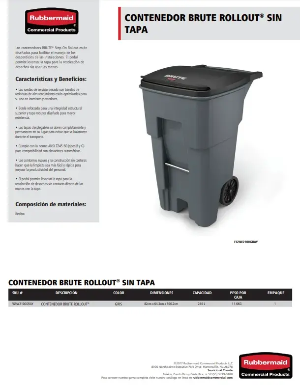 FG9W2100GRAY Contenedor Brute® Rollout sin tapa