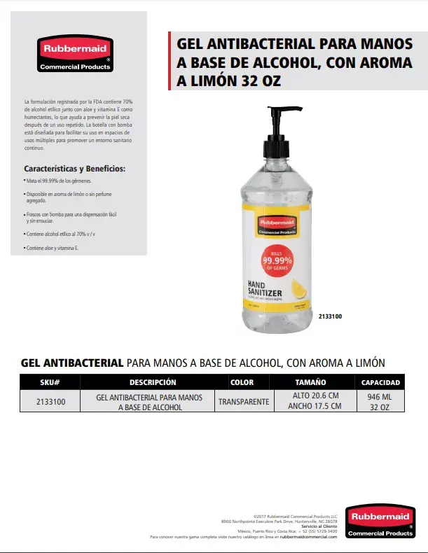 2133100 Gel antibacterial a base de alcohol aroma limón