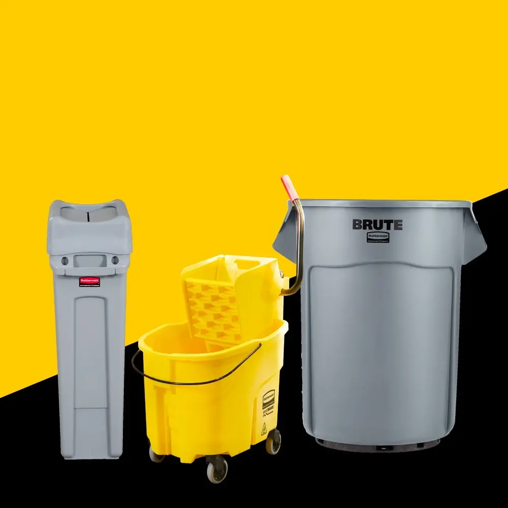 Descubra los productos icónicos de Rubbermaid Commercial Products: Contenedores BRUTE®, SLIM JIM®, Microfibra HYGEN™ y Balde Escurridor WaveBrake®