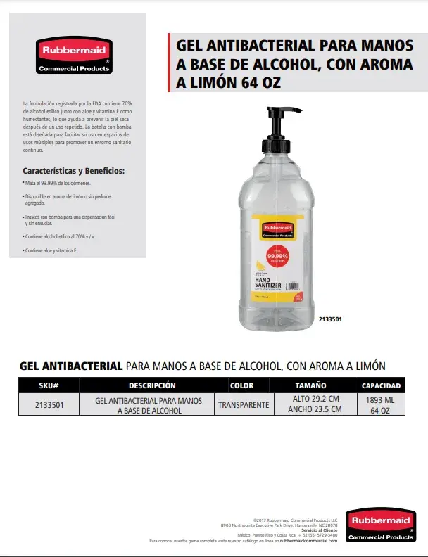 2133501 Gel antibacterial a base de alcohol aroma limón
