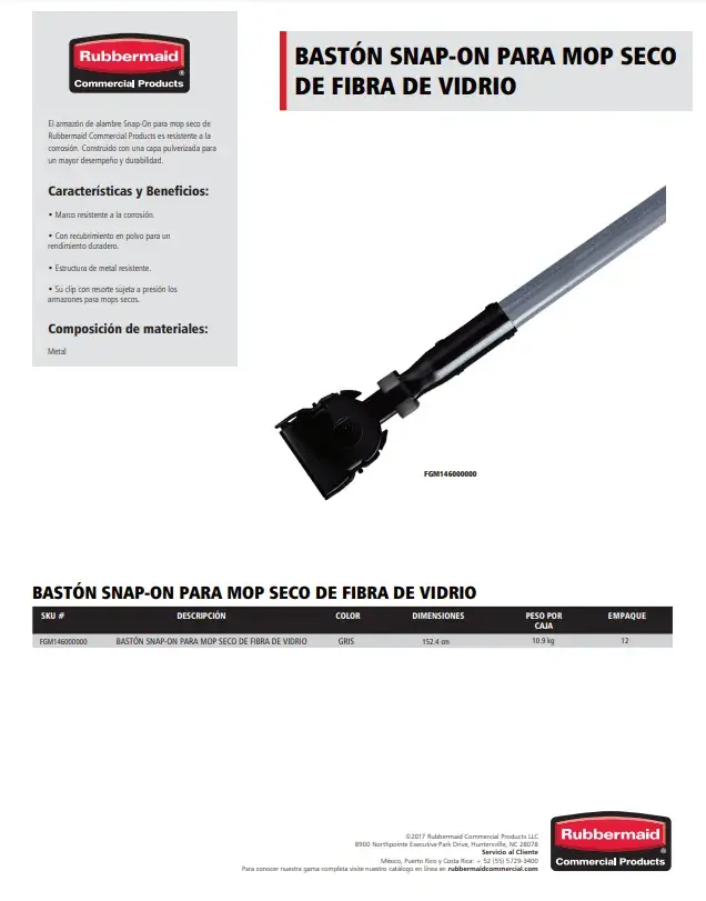 FGM146000000 Bastón Snap-On para mop seco de fibra de vidrio