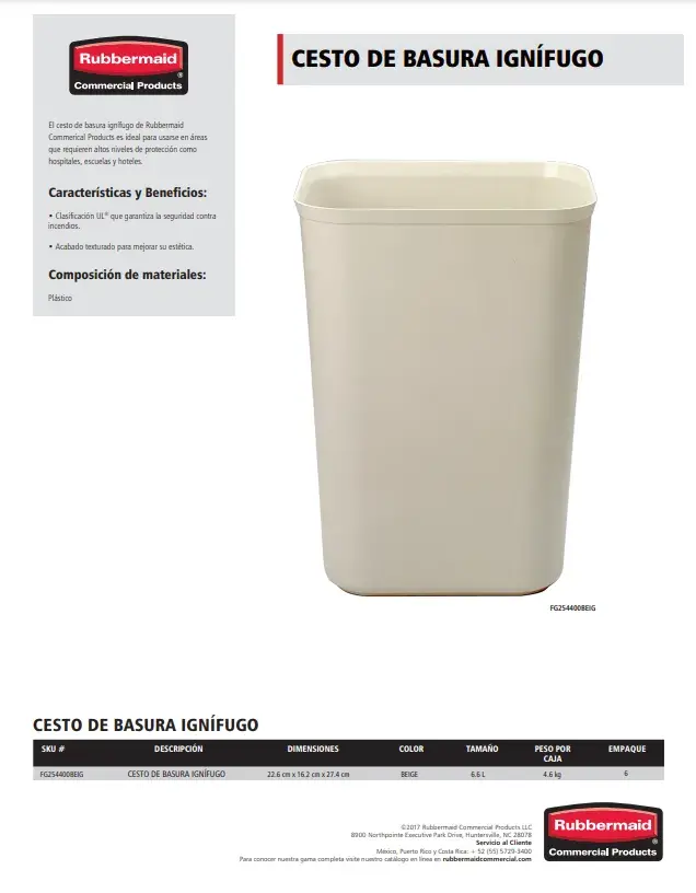 FG254400BEIG Cesto de basura ignífugo