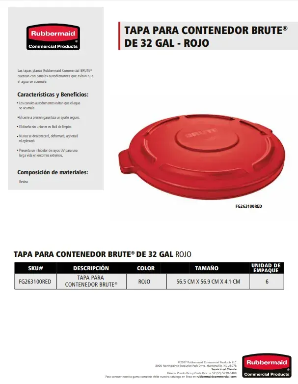 FG263100RED Tapa plana Brute 32 Gal Rojo