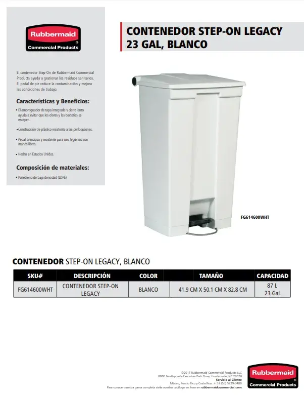 FG614600WHT Step On Legacy 23 Gal Blanco