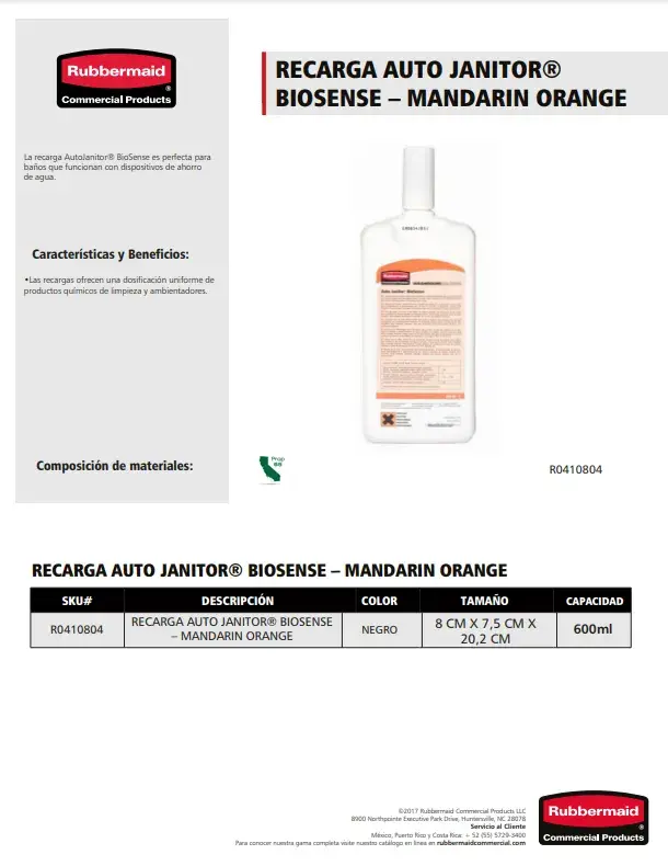 R0410804 RECARGA AUTO JANITOR BIOSENSE MANDARINA NARANJA