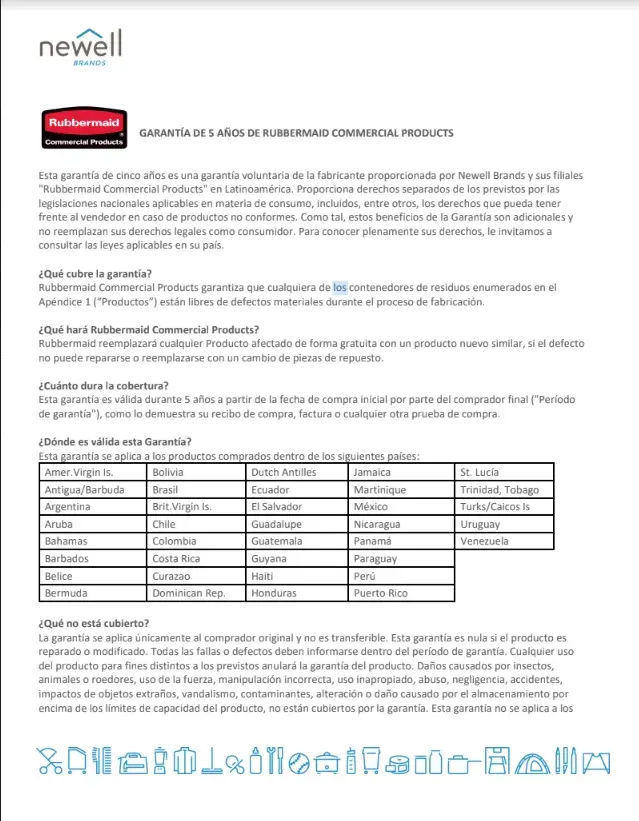 GARANTÍA DE 5 AÑOS DE RUBBERMAID COMMERCIAL PRODUCTS.