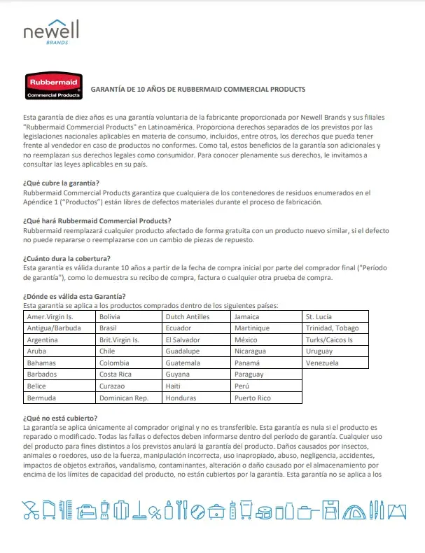 GARANTÍA DE 10 AÑOS DE RUBBERMAID COMMERCIAL PRODUCTS