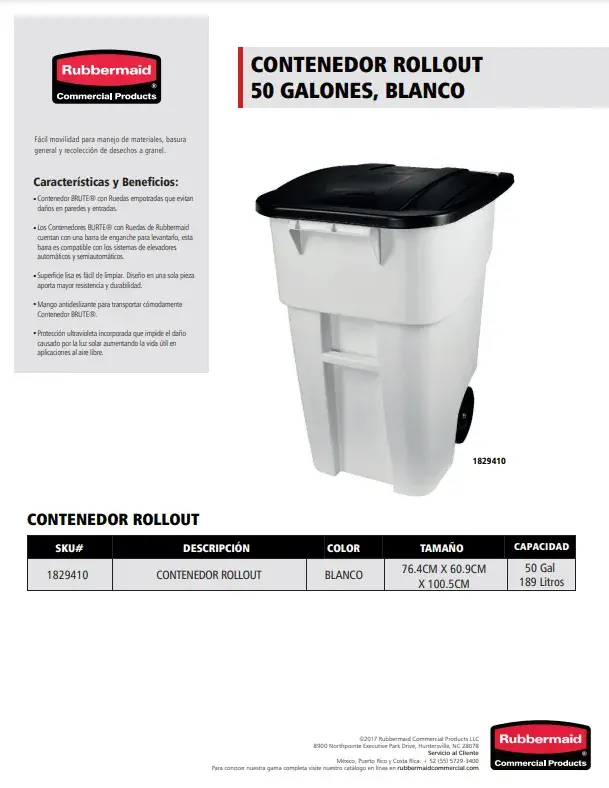 1829410 Contenedor Rollout 50 Gal Blanco